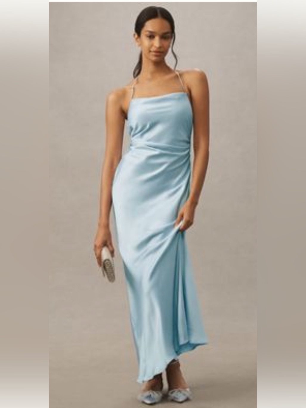 Bhldn Light Blue Satin Cowl-Neck Slip Gown